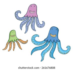 Vector cartoon octopuses in the sea - mother, dad and child. ?arental love. Tender relationships.