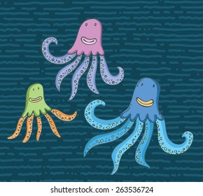 Vector cartoon octopuses in the sea - mother, dad and child. ?arental love. Tender relationships.