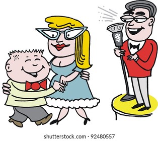 Vector cartoon of odd couple dancing with man singing.