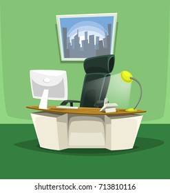 vector cartoon office desk scene with table computer monitor phone and lamp with chair and painting interior decoration in modern style