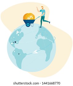 Vector Cartoon Office Man Characters with Coins in Hand Cart Running over Globe. Successful Business Deal and Money Transfer. Global Economy Planet. Flat Business and Finance Metaphor Illustration