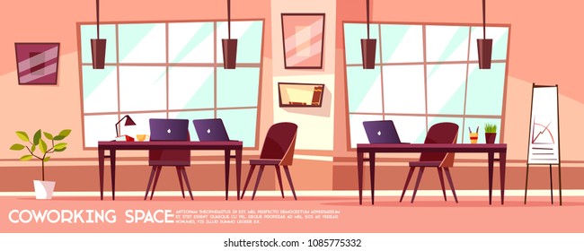 Vector cartoon office room, coworking with workplaces. Business or meeting room interior background design template with furniture, laptops on tables whiteboard.