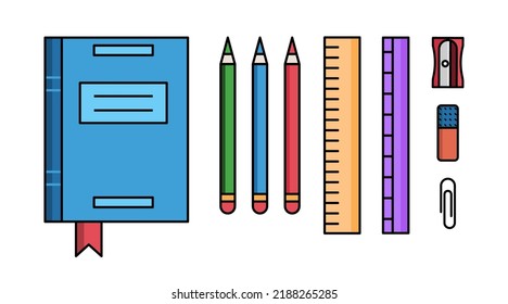 Vector cartoon office supplies set  Isolated school equipment collection ruler  textbook  pencil   eraiser and sharpener