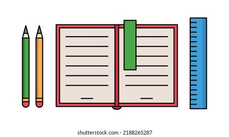 Equipo de material de oficina de dibujos animados. Libro abierto aislado y marcador verde y lápices de colores con regla