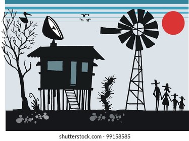 Vector cartoon of old Australian outback shack with satellite dish on roof