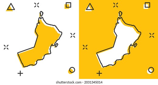 Vector cartoon Oman map icon in comic style. Oman sign illustration pictogram. Cartography map business splash effect concept.