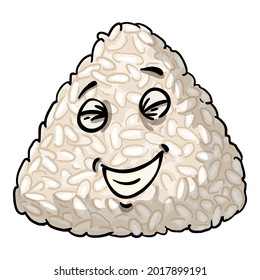 Vector Cartoon Onigiri Character. Rice Ball with Human Face. Laughing Emoticon.