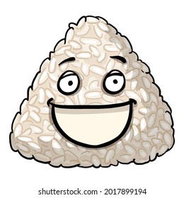 Caricatura vectorial Caricatura de Onigiri. Pelota de arroz con cara humana. Feliz Emoticon.