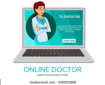 Vector cartoon online doctor. Illustration with woman doctor providing consultation from laptop screen. Telehealth medical communication technology concept, telemedicine service banner template