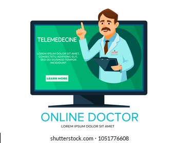 Vector cartoon online doctor. Illustration with man doctor providing consultation from computer screen.