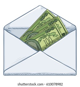 Vector Cartoon Open Blank White Envelope with Currency Banknotes