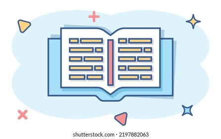 Vector cartoon open book icon in comic style. Text book concept illustration pictogram. Education library business splash effect concept.