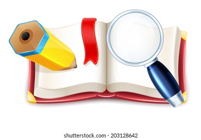 Vector Cartoon Open Book with Pencil and Magnifier