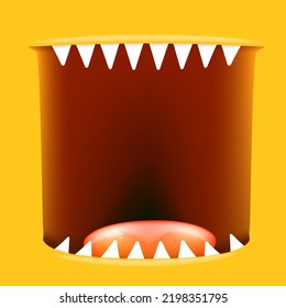 Caricatura vectorial abre boca monstruo aislada en el fondo naranja. Divertido y lindo Monster de Halloween abre la boca con grandes colmillos de vampiros o dientes y lengua roja. Plantilla de diseño de tarjetas de Halloween