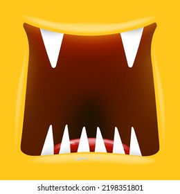 Vector Cartoon open monster mouth isolated on orange background. Funny and cute Halloween Monster open mouth with big vampire fangs or teeth and red tongue. Halloween card design template