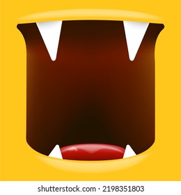 Caricatura vectorial abre boca monstruo aislada en el fondo naranja. Divertido y lindo Monster de Halloween abre la boca con grandes colmillos de vampiros o dientes y lengua roja. Plantilla de diseño de tarjetas de Halloween