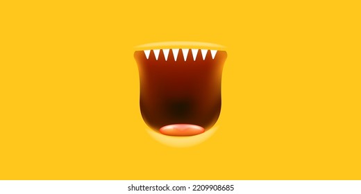 Vector Cartoon open monster mouth isolated on orange background. Funny and cute Halloween Monster open mouth with big vampire fangs or teeth and red tongue. Halloween card design template