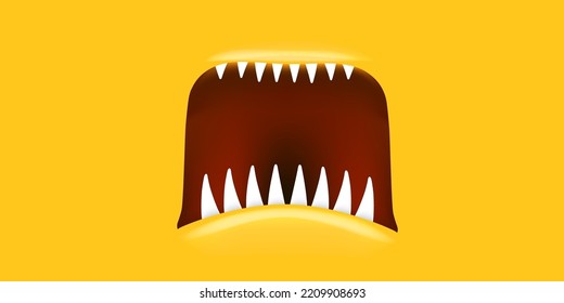 Vector Cartoon open monster mouth isolated on orange background. Funny and cute Halloween Monster open mouth with big vampire fangs or teeth and red tongue. Halloween card design template