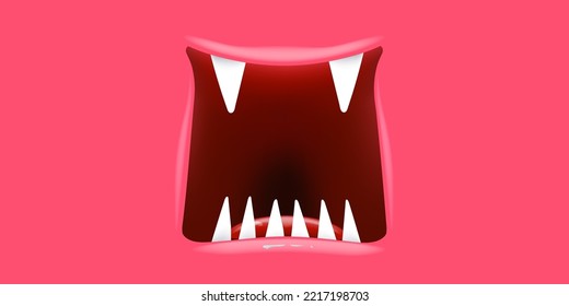 Vector Cartoon open monster mouth isolated on pink background. Funny and cute Halloween Monster open mouth with big vampire fangs or teeth and red tongue. Halloween card design template