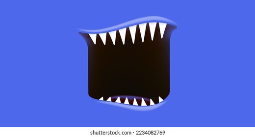 Caricatura vectorial abre boca monstruo aislada en fondo azul. Divertido y lindo Monster de Halloween abre la boca con grandes colmillos de vampiros o dientes y lengua roja. Plantilla de diseño de tarjetas de Halloween