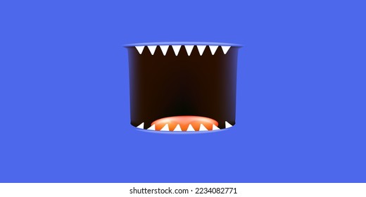 Vector Cartoon open monster mouth isolated on blue background. Funny and cute Halloween Monster open mouth with big vampire fangs or teeth and red tongue. Halloween card design template