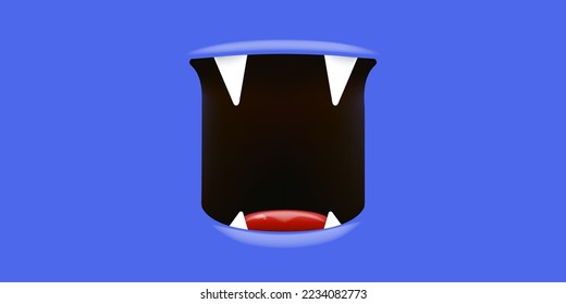 Vector Cartoon open monster mouth isolated on blue background. Funny and cute Halloween Monster open mouth with big vampire fangs or teeth and red tongue. Halloween card design template