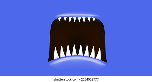 Caricatura vectorial abre boca monstruo aislada en fondo azul. Divertido y lindo Monster de Halloween abre la boca con grandes colmillos de vampiros o dientes y lengua roja. Plantilla de diseño de tarjetas de Halloween