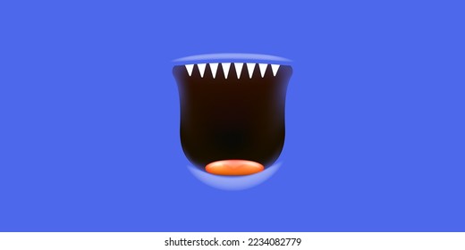 Vector Cartoon open monster mouth isolated on blue background. Funny and cute Halloween Monster open mouth with big vampire fangs or teeth and red tongue. Halloween card design template