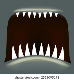 Vector Cartoon open monster shark mouth isolated on grey background. Funny and cute Halloween Monster open mouth with big vampire fangs