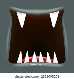 Vector Cartoon open monster shark mouth isolated on grey background. Funny and cute Halloween Monster open mouth with big vampire fangs