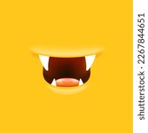 Vector Cartoon open mouth with fangs isolated on orange background. Funny and cute Halloween Monster open mouth with big vampire fangs. jaws and mouth of the beast cartoon illustration