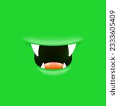 Vector Cartoon open mouth with fangs isolated on green background. Funny and cute green funny Halloween Monster open mouth with big vampire fangs. jaws and mouth of the beast cartoon illustration