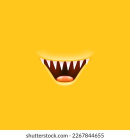 Vector Cartoon open mouth with fangs isolated on orange background. Funny and cute Halloween Monster open mouth with big vampire fangs. jaws and mouth of the beast cartoon illustration