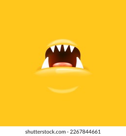 Vector Cartoon open mouth with fangs isolated on orange background. Funny and cute Halloween Monster open mouth with big vampire fangs. jaws and mouth of the beast cartoon illustration