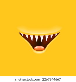 Vector Cartoon open mouth with fangs isolated on orange background. Funny and cute Halloween Monster open mouth with big vampire fangs. jaws and mouth of the beast cartoon illustration