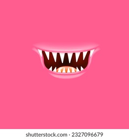 Caricatura vectorial boca abierta con colmillos aislados en el fondo rosado. Divertido y lindo rosado gracioso Monstruo Halloween boca abierta con grandes colmillos vampiros. jaws y boca de la bestia caricatura ilustración