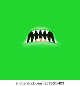 Caricatura vectorial boca abierta con colmillos aislados en el fondo verde. Divertido y adorable mono verde gracioso de Halloween boca abierta con grandes colmillos de vampiros. jaws y boca de la bestia caricatura ilustración