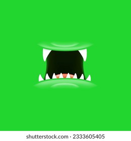 Caricatura vectorial boca abierta con colmillos aislados en el fondo verde. Divertido y adorable mono verde gracioso de Halloween boca abierta con grandes colmillos de vampiros. jaws y boca de la bestia caricatura ilustración