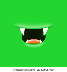 Vector Cartoon open mouth with fangs isolated on green background. Funny and cute green funny Halloween Monster open mouth with big vampire fangs. jaws and mouth of the beast cartoon illustration