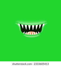 Caricatura vectorial boca abierta con colmillos aislados en el fondo verde. Divertido y adorable mono verde gracioso de Halloween boca abierta con grandes colmillos de vampiros. jaws y boca de la bestia caricatura ilustración