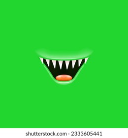 Vector Cartoon open mouth with fangs isolated on green background. Funny and cute green funny Halloween Monster open mouth with big vampire fangs. jaws and mouth of the beast cartoon illustration