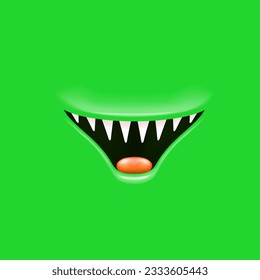 Vector Cartoon open mouth with fangs isolated on green background. Funny and cute green funny Halloween Monster open mouth with big vampire fangs. jaws and mouth of the beast cartoon illustration