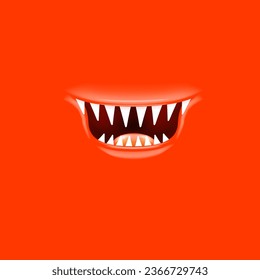 Vector Cartoon open mouth with fangs isolated on red background. Funny and cute red funny Halloween Monster open mouth with big vampire fangs. jaws and mouth of the beast cartoon illustration