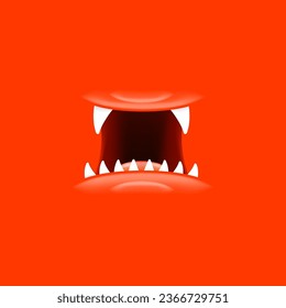 Vector Cartoon open mouth with fangs isolated on red background. Funny and cute red funny Halloween Monster open mouth with big vampire fangs. jaws and mouth of the beast cartoon illustration