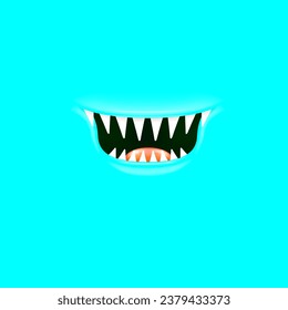 Vector Cartoon open mouth with fangs isolated on cyan background. Funny and cute cyan funny Halloween Monster open mouth with big vampire fangs. jaws and mouth of the beast cartoon illustration