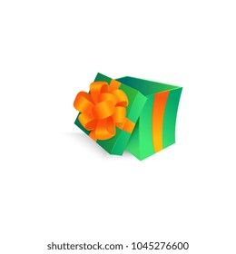 Vector cartoon open present gift box green bright wrapping elegant bow ribbon. Birthday anniversary party new year christmas valentine xmas holiday decoration invatation greeting card illustration