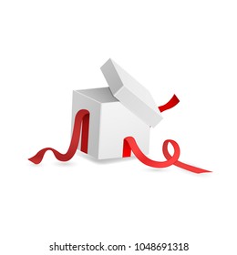 Vector cartoon open present gift box white wrapping red elegant ribbon. Birthday anniversary party new year christmas valentine xmas holiday decoration invatation greeting card design illustration