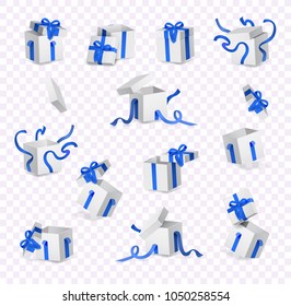 Vector cartoon open present gift box white wrapping blue elegant ribbon bow set. Birthday anniversary party new year christmas valentine holiday invatation greeting card design transparent background