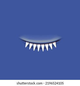 Vector Cartoon open shark mouth isolated on blue background. Funny and cute Halloween Monster open mouth with big vampire fangs