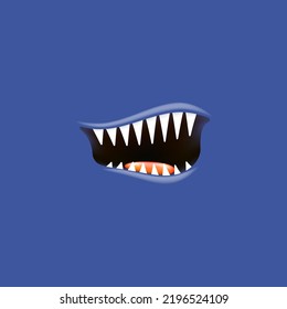 Vector Cartoon open shark mouth isolated on blue background. Funny and cute Halloween Monster open mouth with big vampire fangs